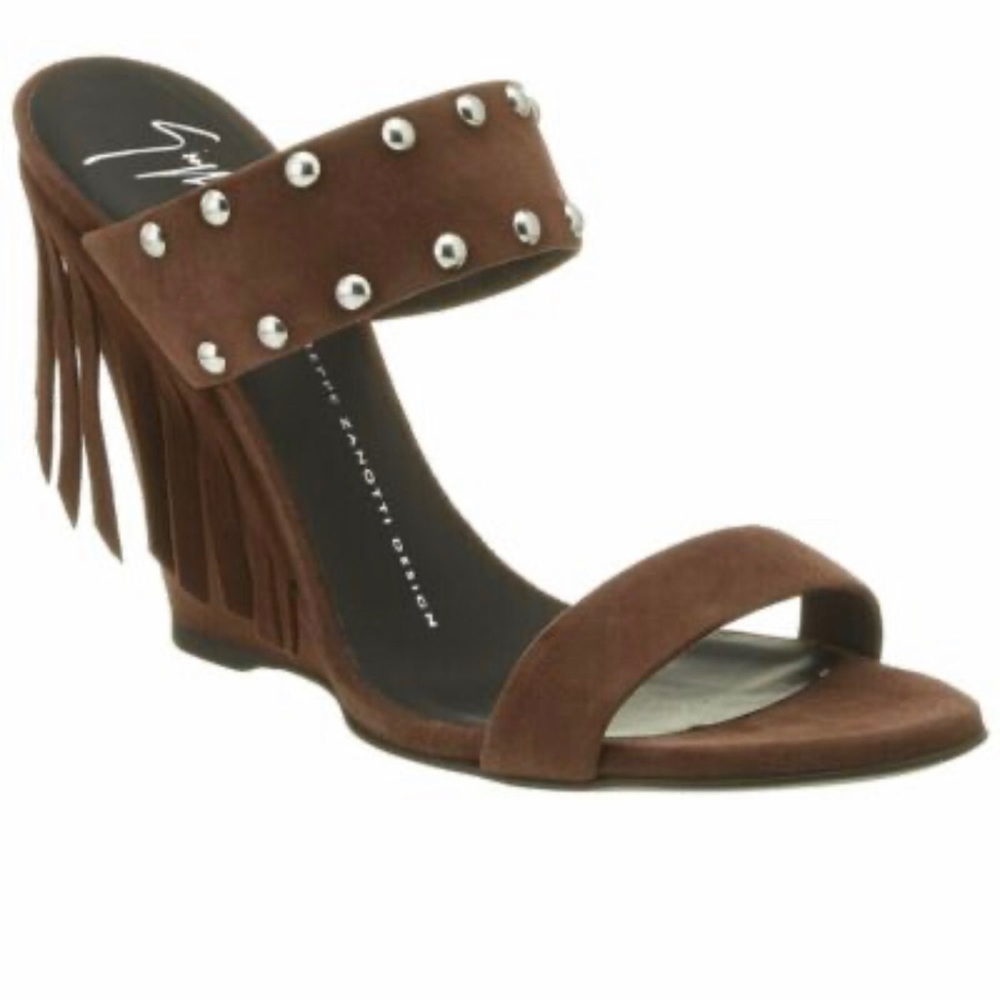 Gueseppe Zanotti Whitney Suede Fringe Wedge Sandal - size 38 (US size 8)